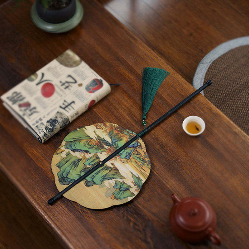 Nimara Ritual Handmade Bamboo Thousand Miles of Rivers and Mountains Long Handle Portable Curlable Fan