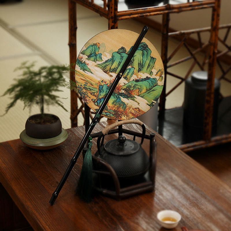 Nimara Ritual Handmade Bamboo Thousand Miles of Rivers and Mountains Long Handle Portable Curlable Fan