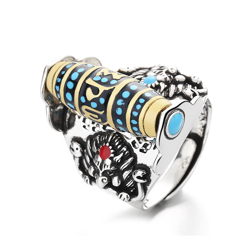 Nimara Ritual Tibetan Om Mani Padme Hum Garuda Dzi Bead Pattern Peace Rotatable Ring