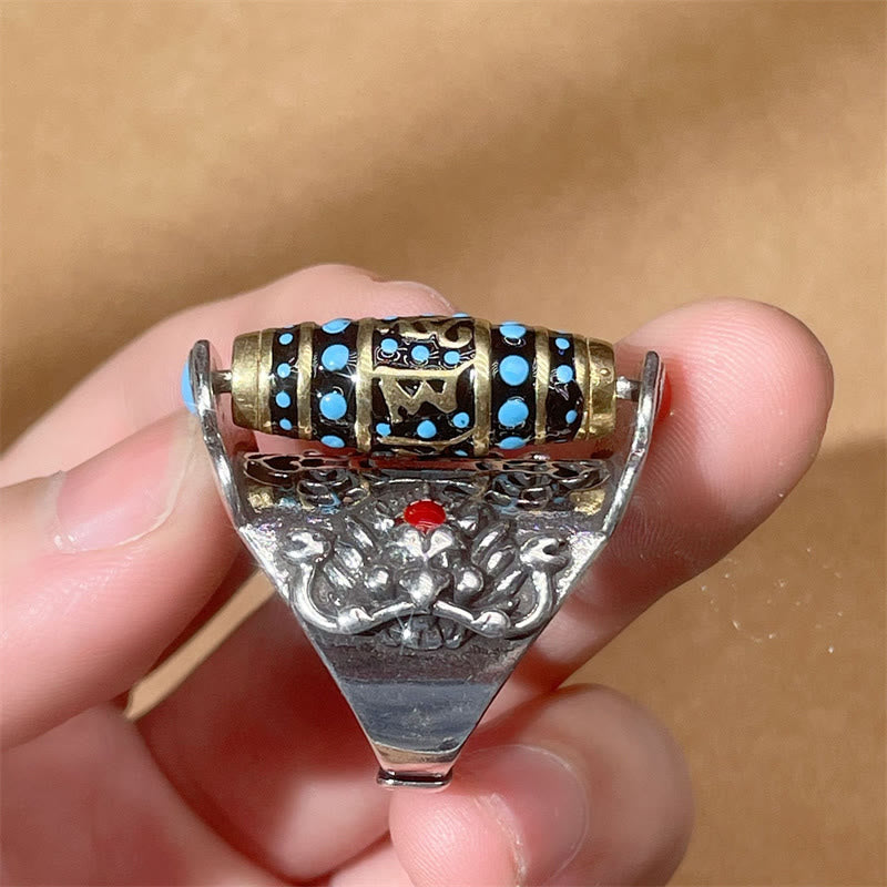 Nimara Ritual Tibetan Om Mani Padme Hum Garuda Dzi Bead Pattern Peace Rotatable Ring