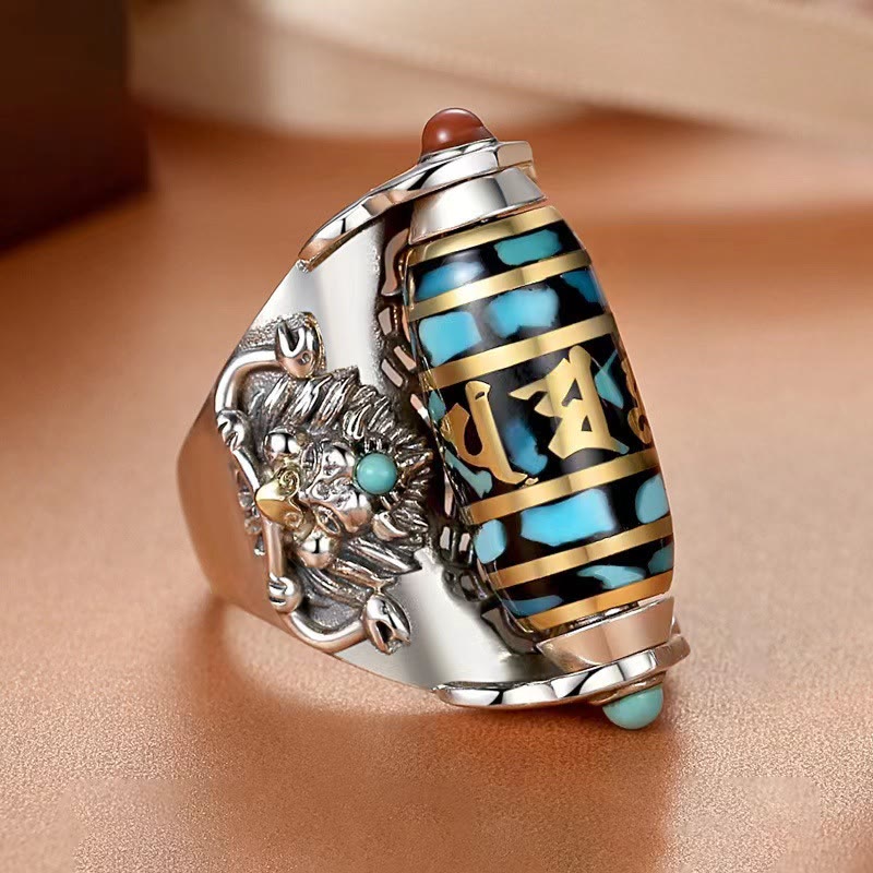 Nimara Ritual Tibetan Om Mani Padme Hum Garuda Dzi Bead Pattern Peace Rotatable Ring