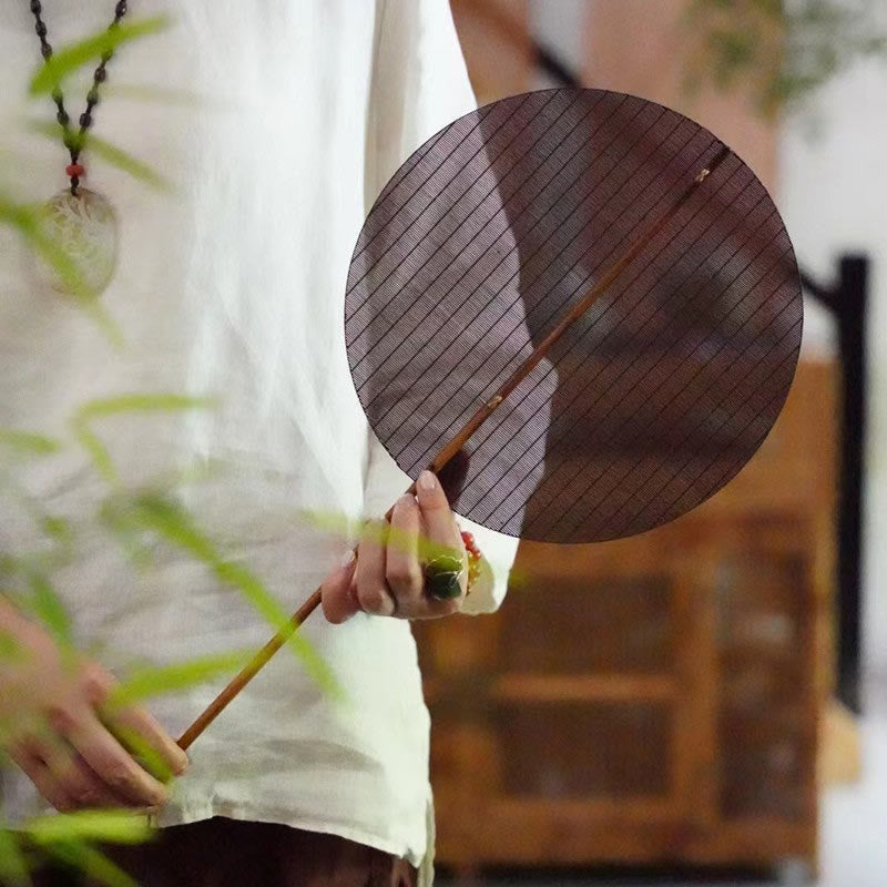 Nimara Ritual Chinese Style Handmade Round Shaped Bamboo Long Handle Fan