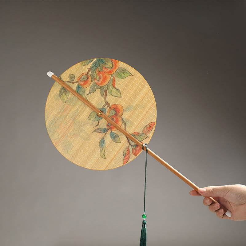 Nimara Ritual Handmade Birds Flowers Persimmons Fruit Koi Fish Lotus Bamboo Long Handle Portable Curlable Fan