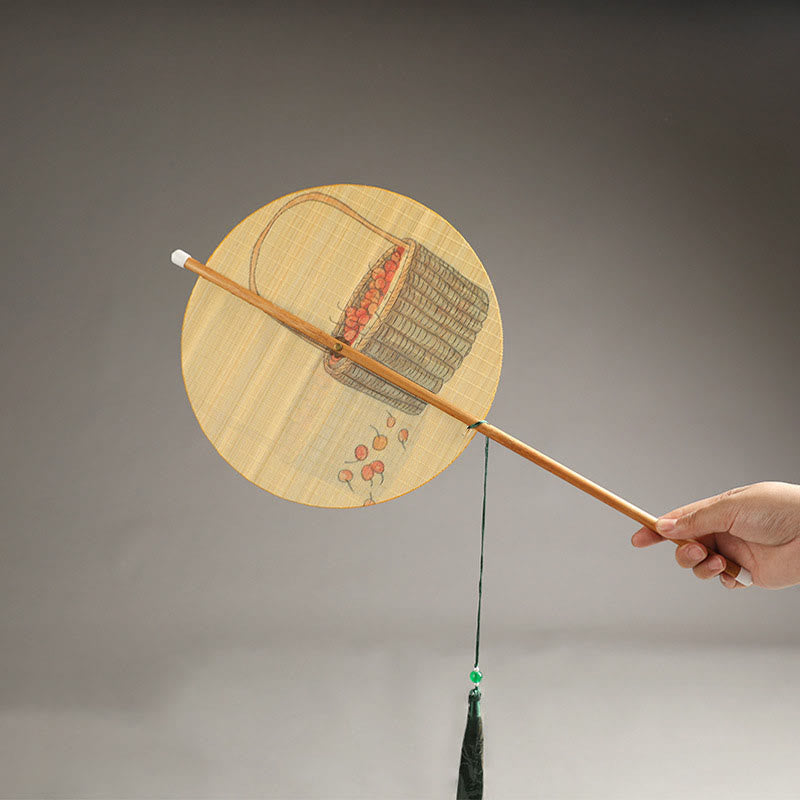 Nimara Ritual Handmade Birds Flowers Persimmons Fruit Koi Fish Lotus Bamboo Long Handle Portable Curlable Fan