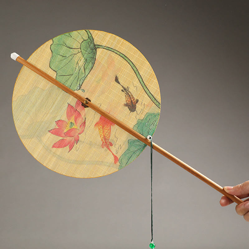 Nimara Ritual Handmade Birds Flowers Persimmons Fruit Koi Fish Lotus Bamboo Long Handle Portable Curlable Fan
