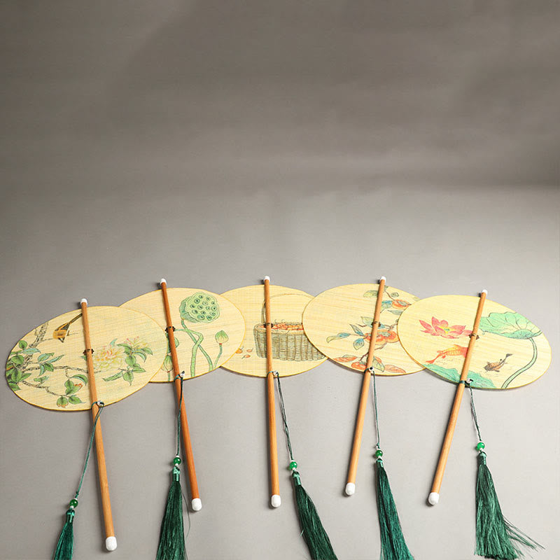 Nimara Ritual Handmade Birds Flowers Persimmons Fruit Koi Fish Lotus Bamboo Long Handle Portable Curlable Fan