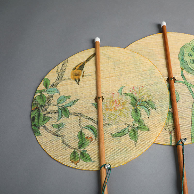 Nimara Ritual Handmade Birds Flowers Persimmons Fruit Koi Fish Lotus Bamboo Long Handle Portable Curlable Fan