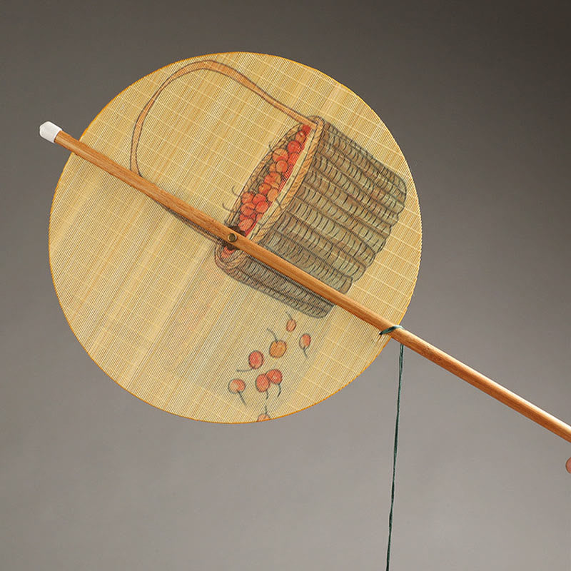 Nimara Ritual Handmade Birds Flowers Persimmons Fruit Koi Fish Lotus Bamboo Long Handle Portable Curlable Fan
