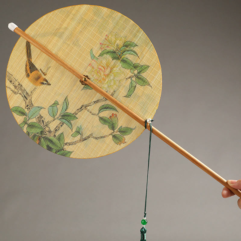Nimara Ritual Handmade Birds Flowers Persimmons Fruit Koi Fish Lotus Bamboo Long Handle Portable Curlable Fan