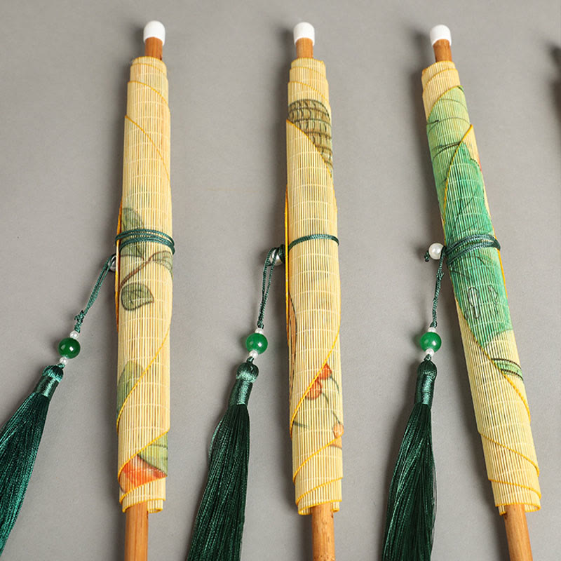 Nimara Ritual Handmade Birds Flowers Persimmons Fruit Koi Fish Lotus Bamboo Long Handle Portable Curlable Fan
