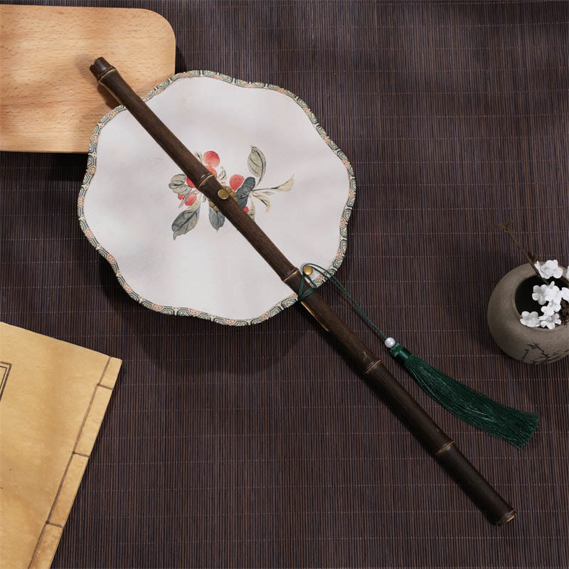 Nimara Ritual Handmade Cherry Bamboo Leaf Grape Pattern Long Purple Bamboo Handle Portable Curlable Fan