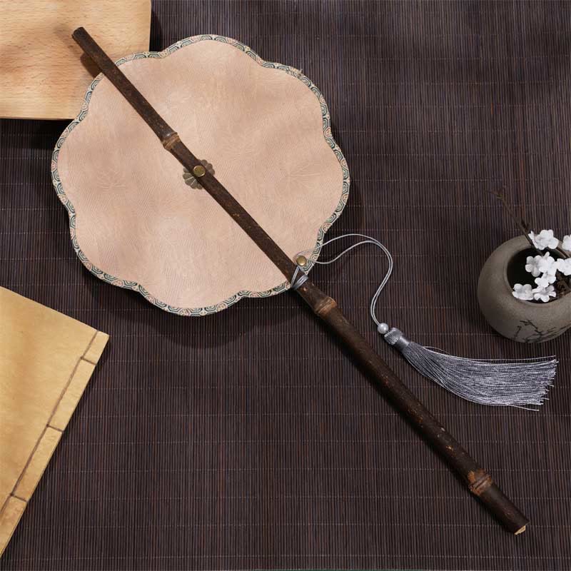 Nimara Ritual Handmade Cherry Bamboo Leaf Grape Pattern Long Purple Bamboo Handle Portable Curlable Fan