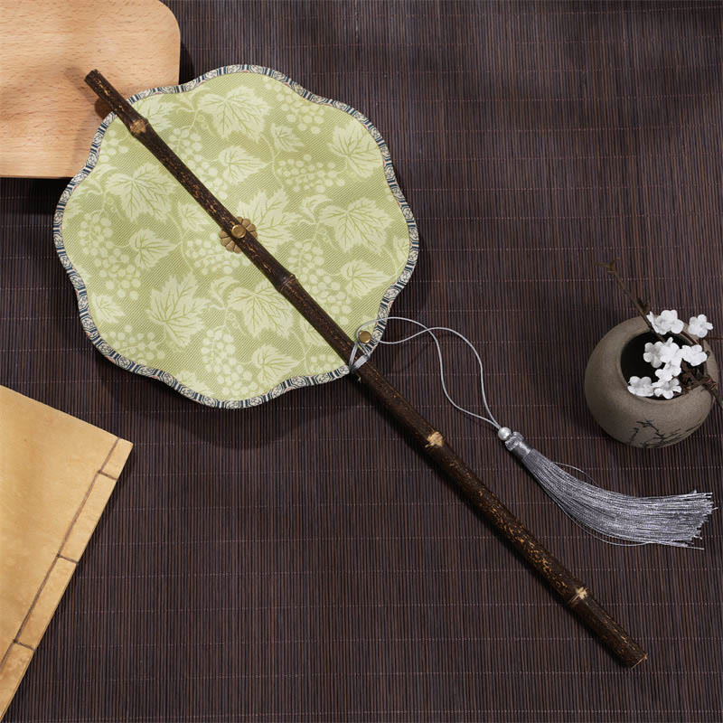 Nimara Ritual Handmade Cherry Bamboo Leaf Grape Pattern Long Purple Bamboo Handle Portable Curlable Fan