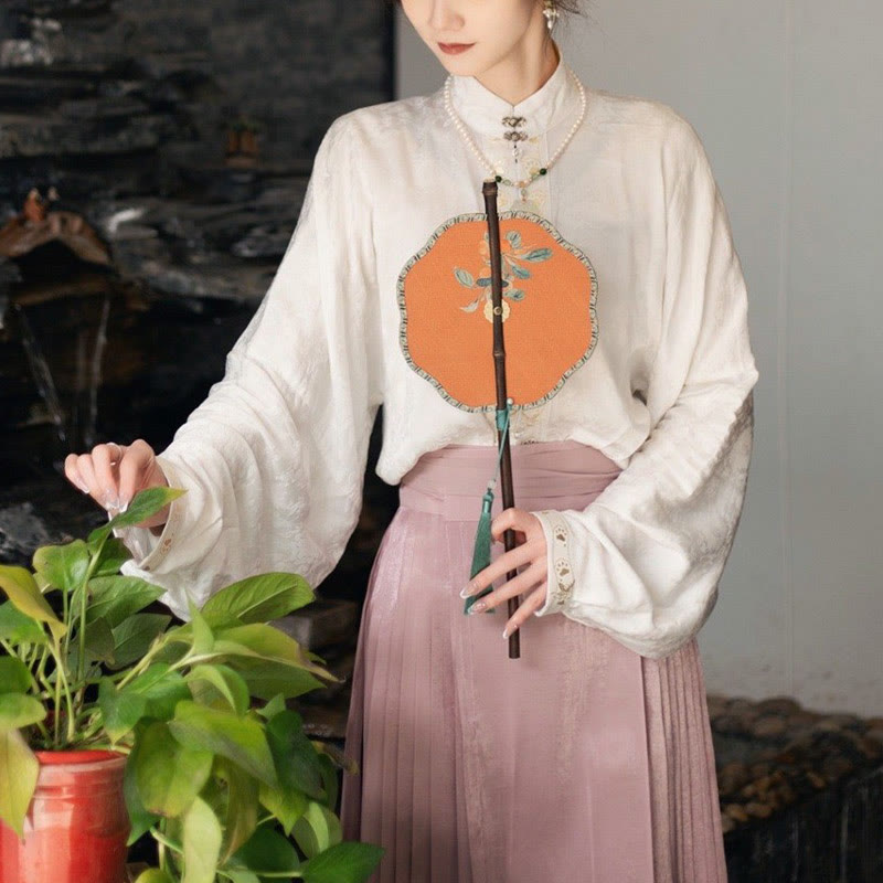 Nimara Ritual Handmade Cherry Bamboo Leaf Grape Pattern Long Purple Bamboo Handle Portable Curlable Fan