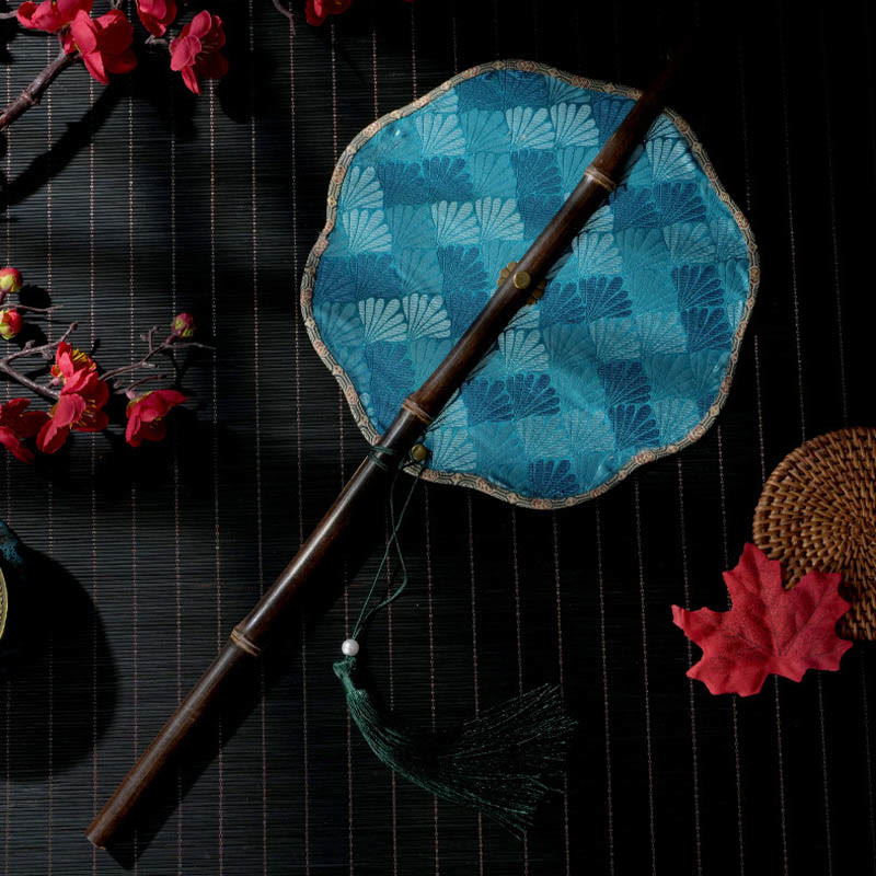 Nimara Ritual Handmade Shell Scales Leaves Epiphyllum Pattern Long Purple Bamboo Handle Portable Curlable Fan