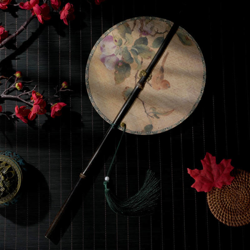 Nimara Ritual Handmade Flowers Peach Loquat Bird Crane Butterfly Pattern Long Purple Bamboo Handle Portable Curlable Fan