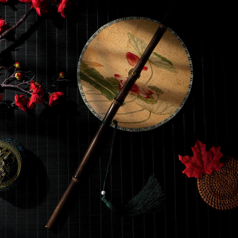Nimara Ritual Handmade Flowers Peach Loquat Bird Crane Butterfly Pattern Long Purple Bamboo Handle Portable Curlable Fan
