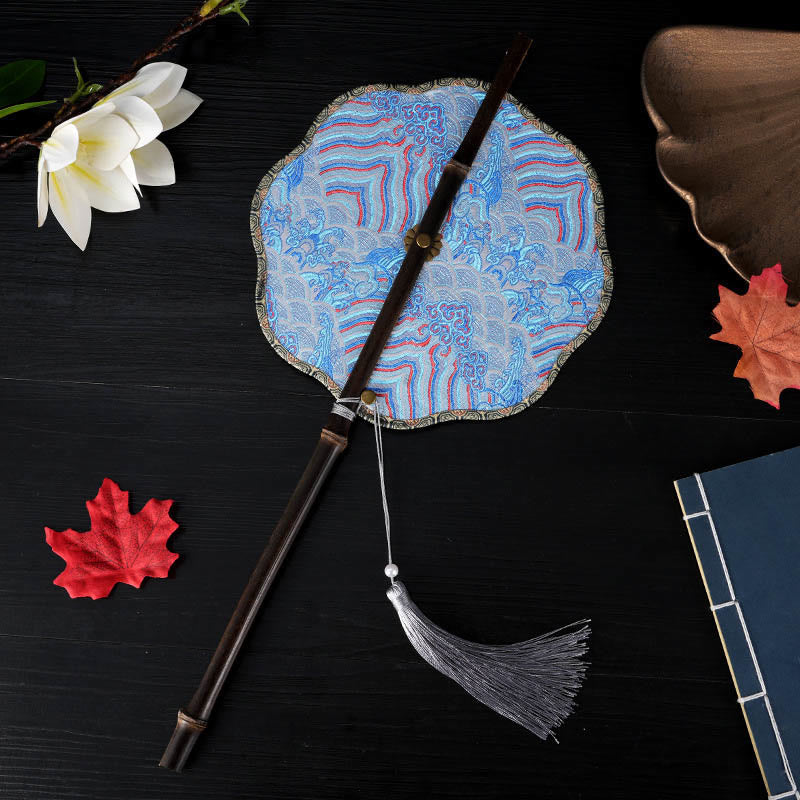 Nimara Ritual Handmade Flowers Peach Loquat Bird Crane Butterfly Pattern Long Purple Bamboo Handle Portable Curlable Fan