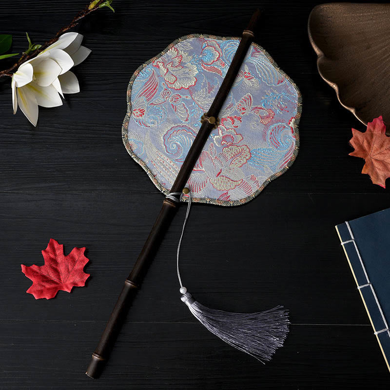 Nimara Ritual Handmade Flowers Peach Loquat Bird Crane Butterfly Pattern Long Purple Bamboo Handle Portable Curlable Fan