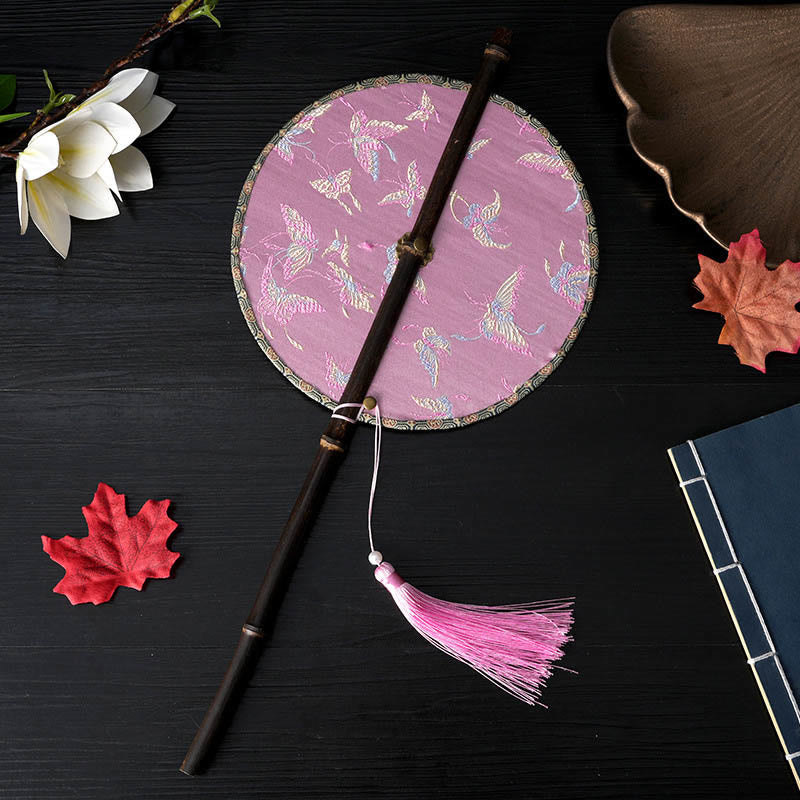 Nimara Ritual Handmade Flowers Peach Loquat Bird Crane Butterfly Pattern Long Purple Bamboo Handle Portable Curlable Fan