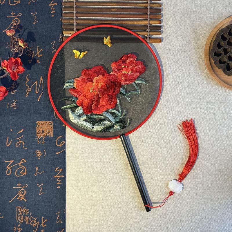 Nimara Ritual Peony Flowers Butterfly Embroidered Handheld Wood Handle Fan