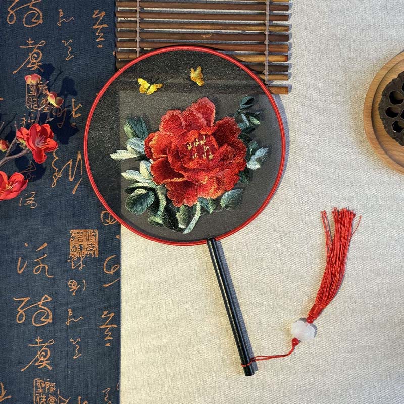 Nimara Ritual Peony Flowers Butterfly Embroidered Handheld Wood Handle Fan
