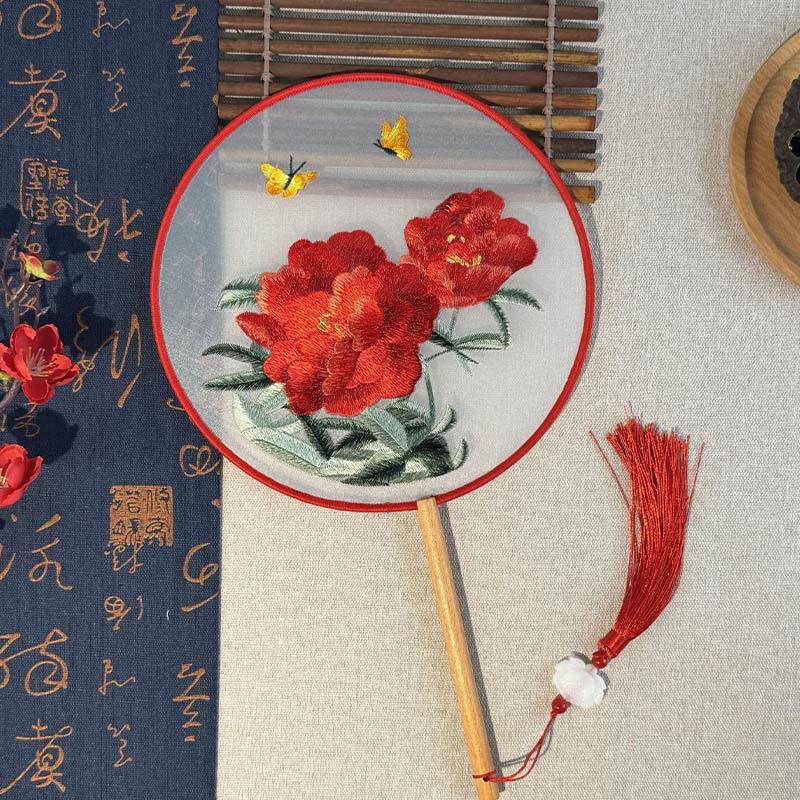 Nimara Ritual Peony Flowers Butterfly Embroidered Handheld Wood Handle Fan