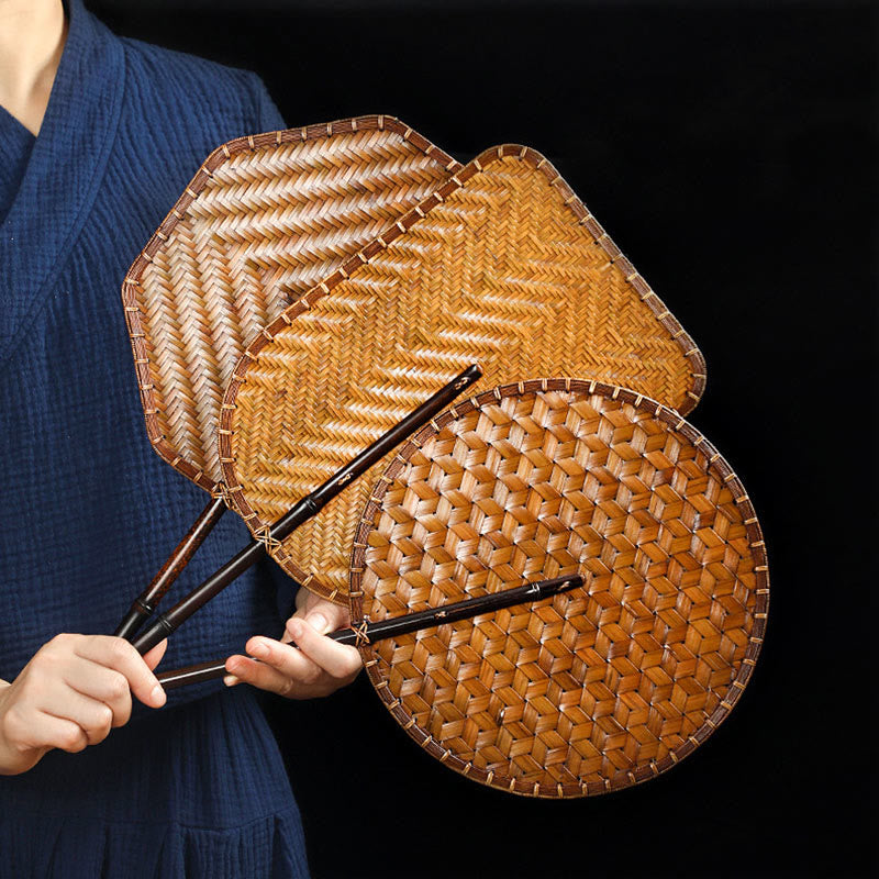 Nimara Ritual Chinese Style Handmade Bamboo Woven Round Oval Banana Shape Long Handle Fan