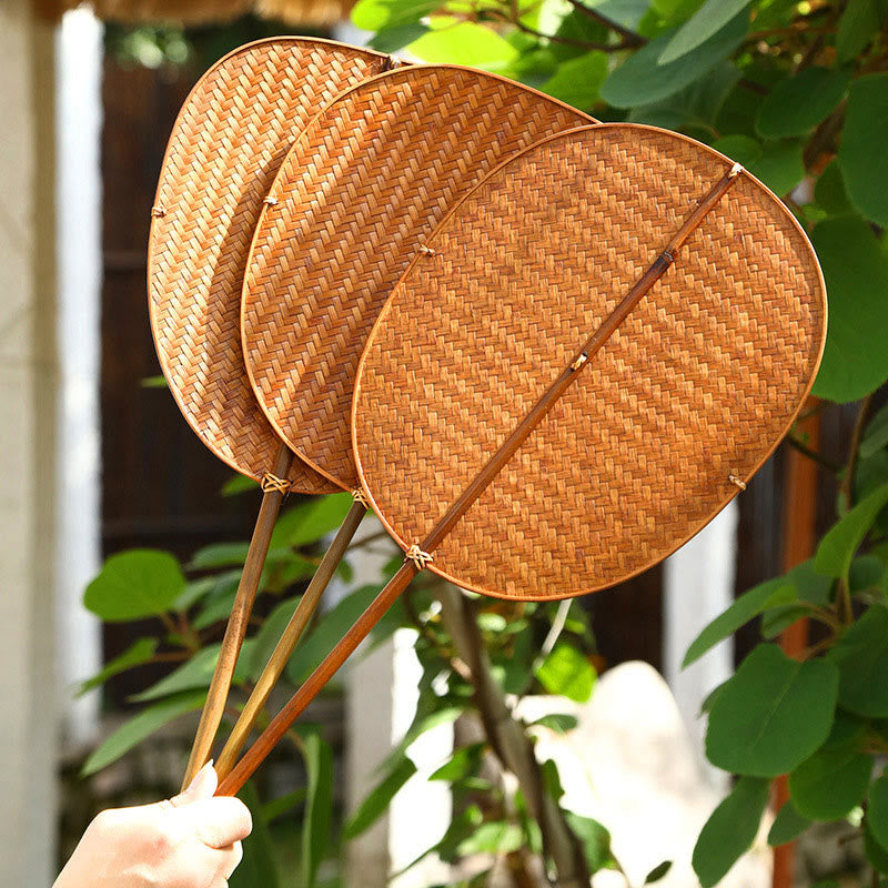 Nimara Ritual Chinese Style Handmade Bamboo Woven Oval Round Banana Conical Shape Long Handle Fan