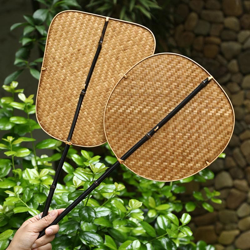Nimara Ritual Chinese Style Handmade Bamboo Woven Oval Round Banana Conical Shape Long Handle Fan