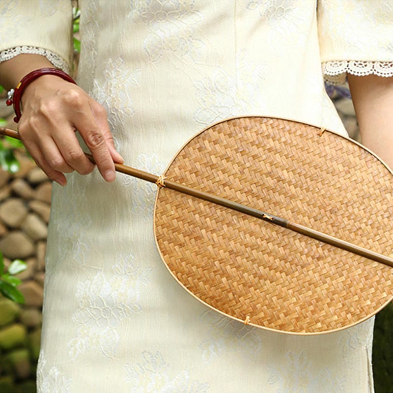 Nimara Ritual Chinese Style Handmade Bamboo Woven Oval Round Banana Conical Shape Long Handle Fan