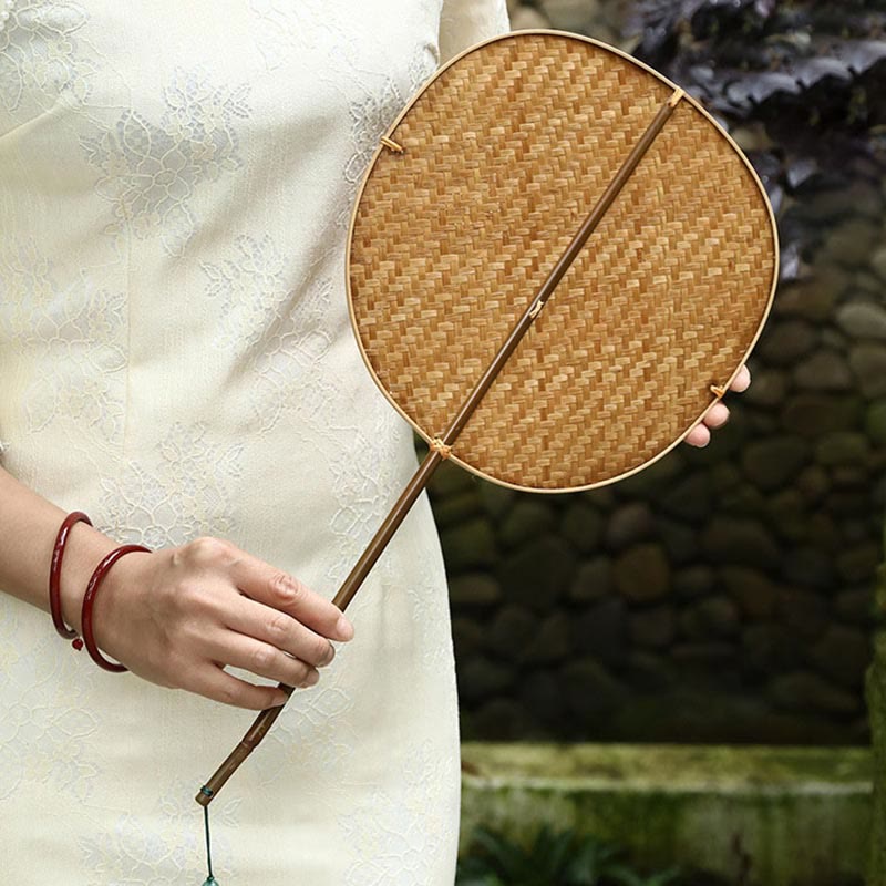 Nimara Ritual Chinese Style Handmade Bamboo Woven Oval Round Banana Conical Shape Long Handle Fan