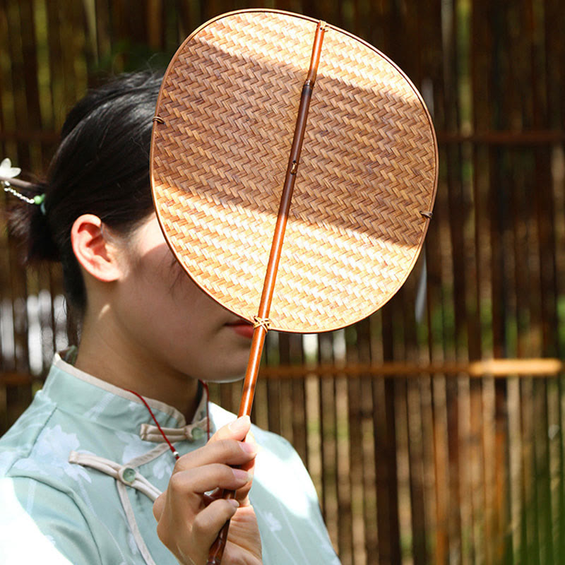 Nimara Ritual Chinese Style Handmade Bamboo Woven Oval Round Banana Conical Shape Long Handle Fan
