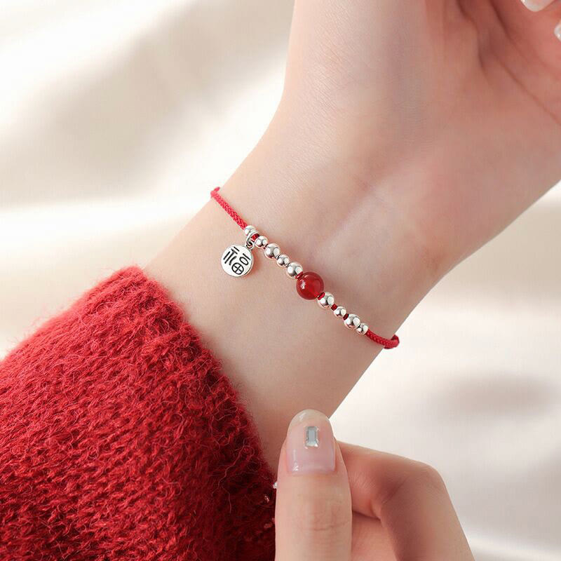 Nimara Ritual Handmade 925 Sterling Silver Fu Character Red Agate Fortune Braided Ultra-Thin Rope Bracelet