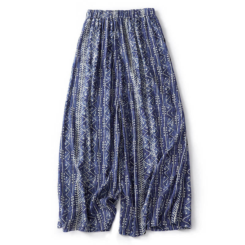 Nimara Ritual Blue Stripes Print Cotton Linen Wide Leg Pants With Pockets