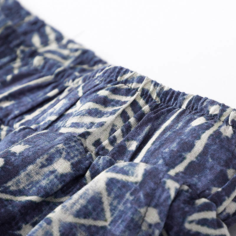 Nimara Ritual Blue Stripes Print Cotton Linen Wide Leg Pants With Pockets