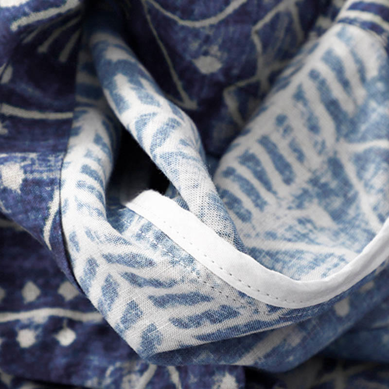 Nimara Ritual Blue Stripes Print Cotton Linen Wide Leg Pants With Pockets