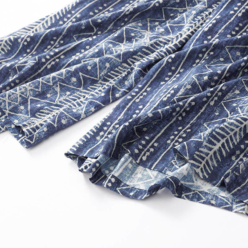 Nimara Ritual Blue Stripes Print Cotton Linen Wide Leg Pants With Pockets