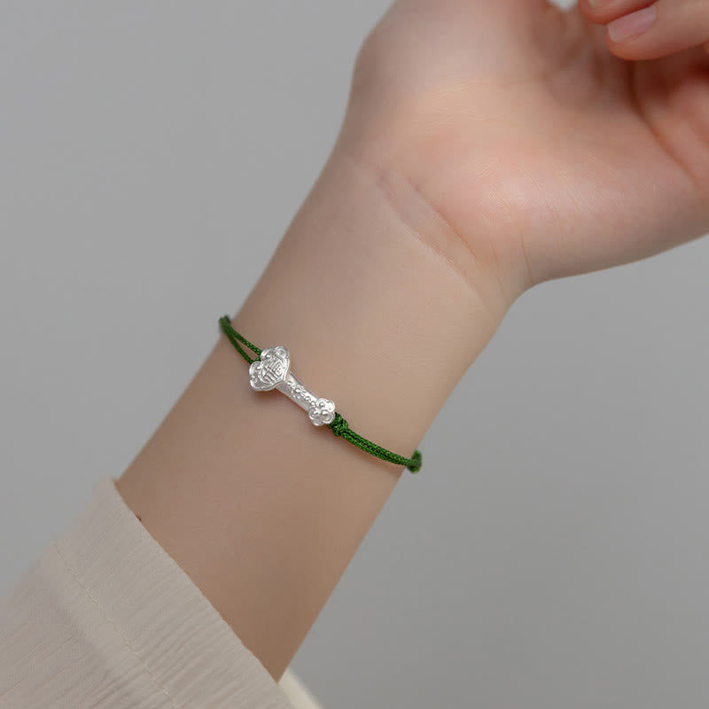 Nimara Ritual Handmade 999 Sterling Silver Fu Character Wish Ruyi Handle Luck Braided Green Rope Bracelet