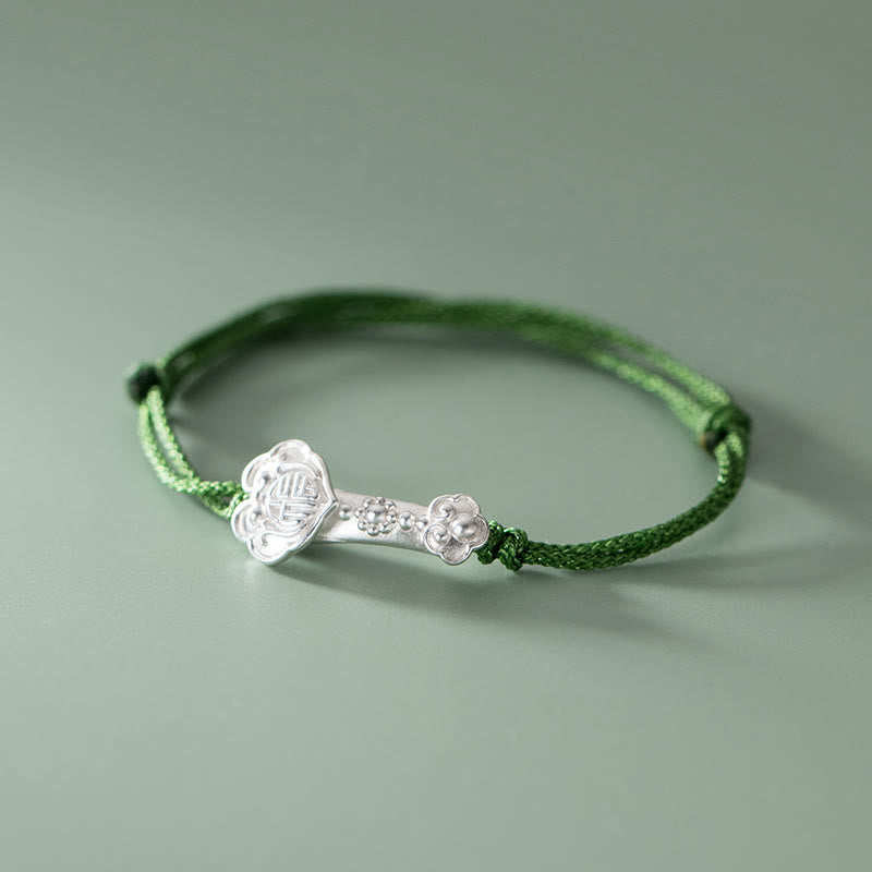 Nimara Ritual Handmade 999 Sterling Silver Fu Character Wish Ruyi Handle Luck Braided Green Rope Bracelet