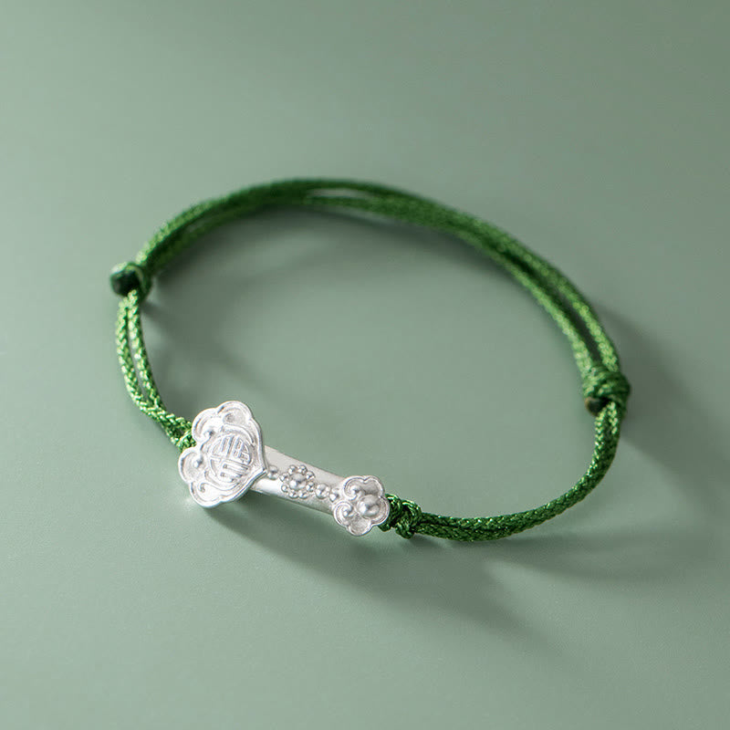 Nimara Ritual Handmade 999 Sterling Silver Fu Character Wish Ruyi Handle Luck Braided Green Rope Bracelet