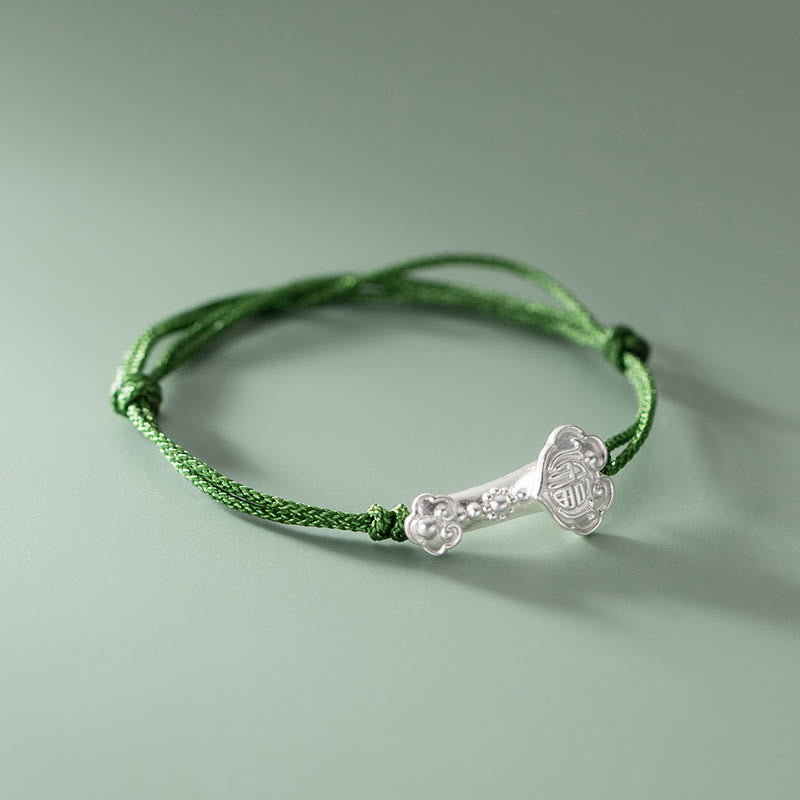 Nimara Ritual Handmade 999 Sterling Silver Fu Character Wish Ruyi Handle Luck Braided Green Rope Bracelet