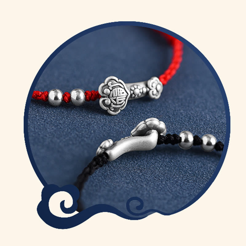 Nimara Ritual Handmade 999 Sterling Silver Fu Character Wish Ruyi Handle Fortune Rope Bracelet Anklet