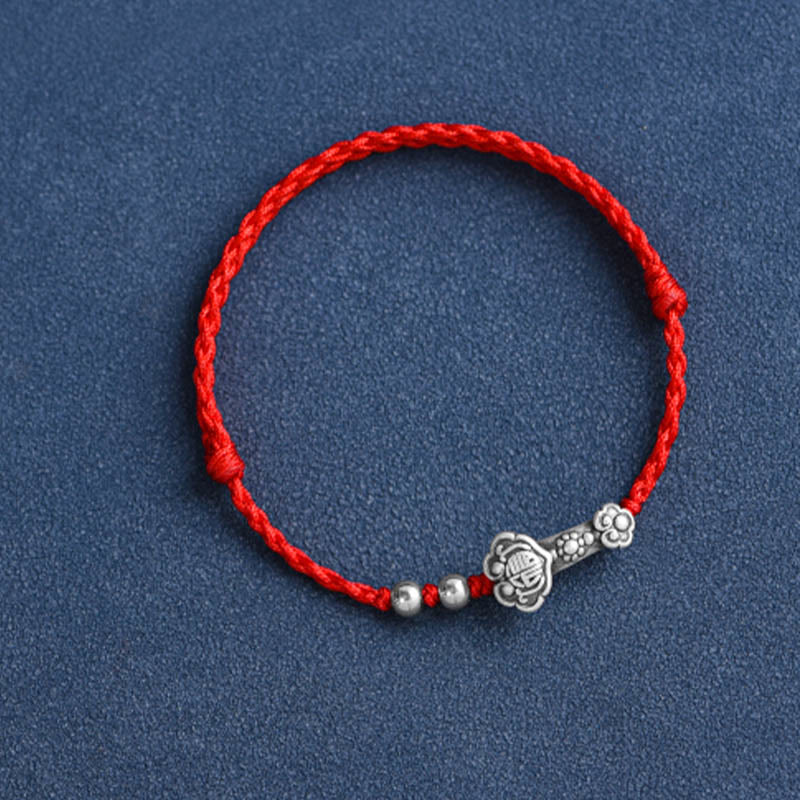 Nimara Ritual Handmade 999 Sterling Silver Fu Character Wish Ruyi Handle Fortune Rope Bracelet Anklet