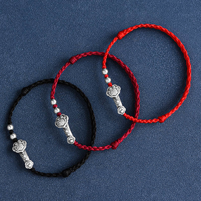 Nimara Ritual Handmade 999 Sterling Silver Fu Character Wish Ruyi Handle Fortune Rope Bracelet Anklet