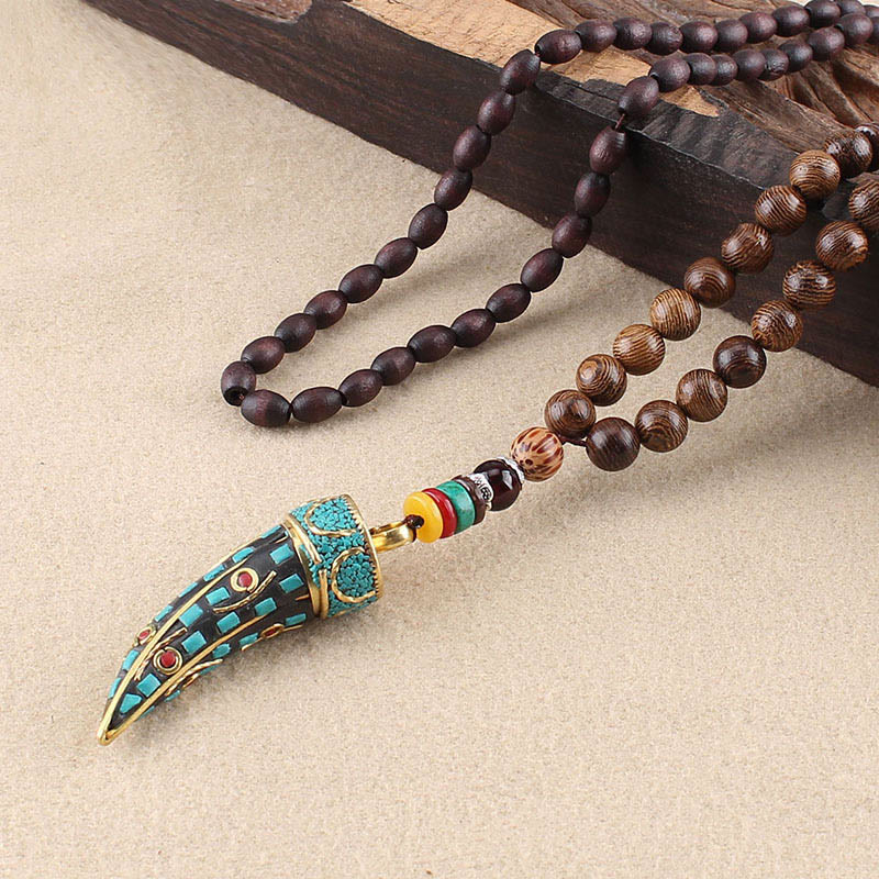Nimara Ritual Tibet Wenge Wood Om Mani Padme Hum OM Symbol Mantra Horn Pattern Protection Necklace Pendant
