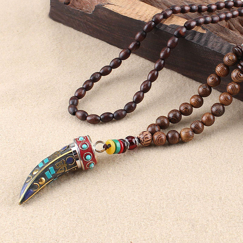 Nimara Ritual Tibet Wenge Wood Om Mani Padme Hum OM Symbol Mantra Horn Pattern Protection Necklace Pendant