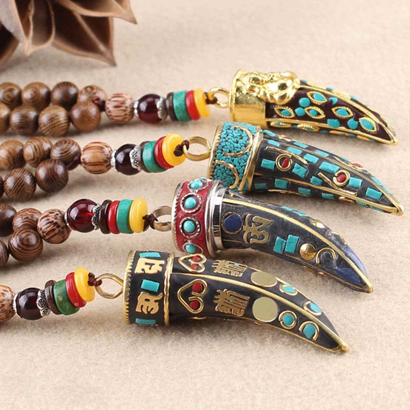 Nimara Ritual Tibet Wenge Wood Om Mani Padme Hum OM Symbol Mantra Horn Pattern Protection Necklace Pendant