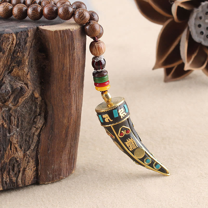 Nimara Ritual Tibet Wenge Wood Om Mani Padme Hum OM Symbol Mantra Horn Pattern Protection Necklace Pendant