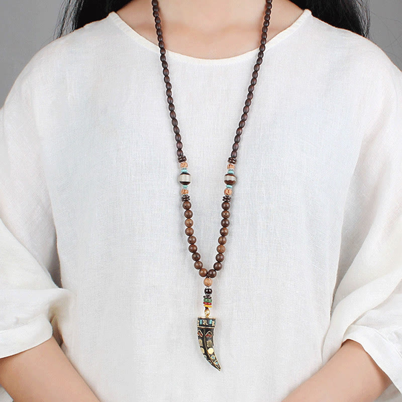 Nimara Ritual Tibet Wenge Wood Om Mani Padme Hum OM Symbol Mantra Horn Pattern Protection Necklace Pendant